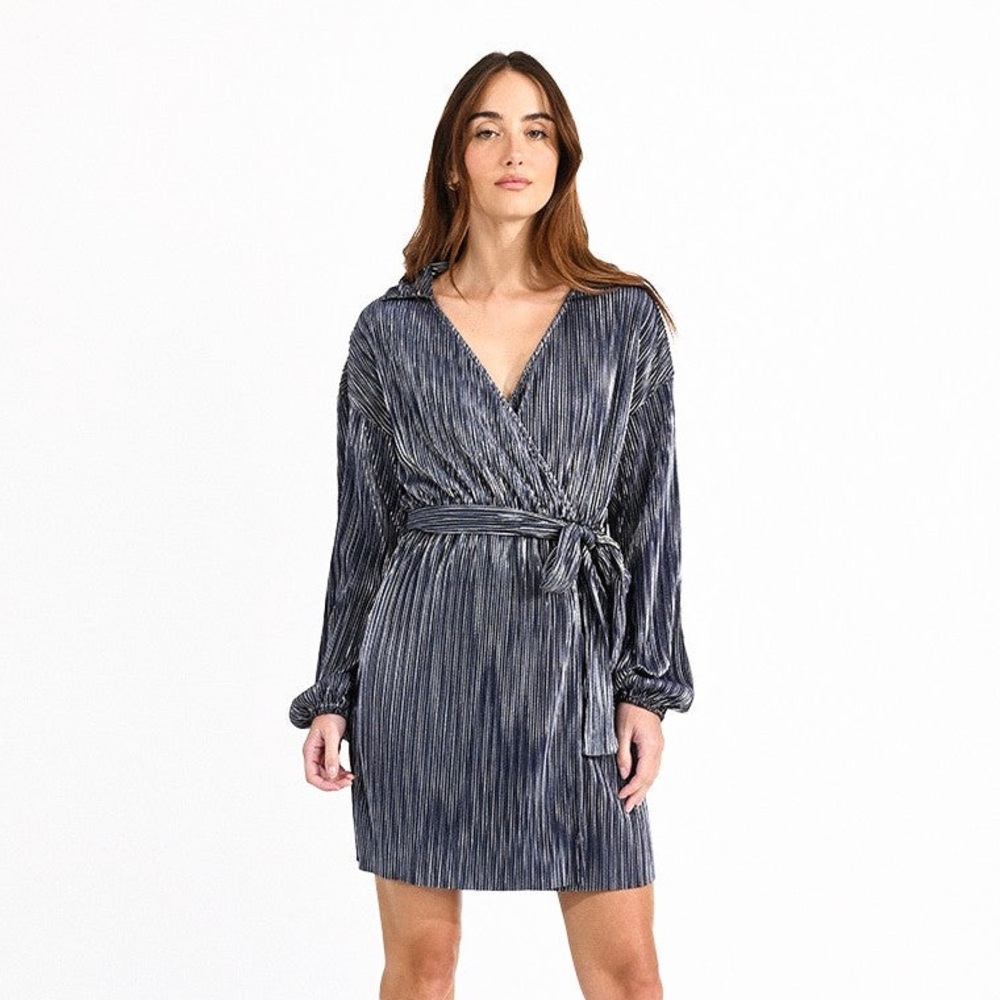 Molly Bracken Pleated Metallic Wrap Dress